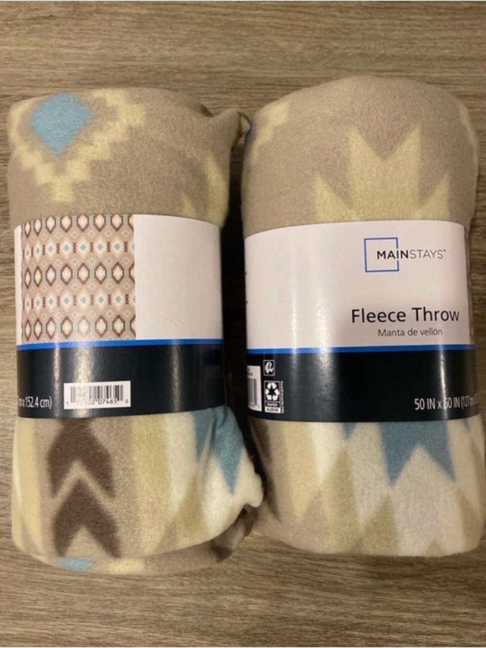 Mainstays Fleece Throw Blanket in Tan with Light Blue Accents